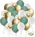 Green and Gold party Balloons, 50pcs 12 Inch Retro Sage Green White Metallic Gold Confetti Balloons with Ribbon for Wedding Birthday Baby Shower Decorations