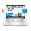 HP 2022 15.6" FHD Touchscreen Laptop, Intel Core i5-1135G7 Processor, 32GB DDR4 RAM, 1TB SSD, Intel Iris Xe Graphics, HD Webcam, HD Audio, USB-C, Windows 11, Silver, 32GB SnowBell USB Card