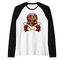 Broken Skull Skeleton Head With Rose Holding Bowling Pins Raglan Baseball Tee