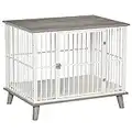 PawHut Cage pour Chien Moyens Animaux avec Coussin Amovible Lavable Porte verrouillable avec loquet Acier Panneaux de Particules Blanc chêne Gris