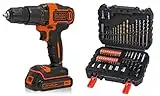 BLACK+DECKER 18 V Cordless 2-Gear Combi Hammer Drill Power Tool with Kitbox, 1.5 Ah Lithium-Ion, BCD700S1K-GB with Black + Decker A7188 Drill and Screwdriver Bit Set 50-Piece