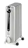 De'Longhi Oil-Filled Radiator Space Heater, Full Room Quiet 1500W, Adjustable Thermostat, 3 Heat Settings, Digital Timer, ECO Energy Saving Mode, Safety Features, Light Gray, Radia S TRRS0715ECA