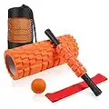 5 in1 Foam Roller Set, Trigger Point Foam Roller, Yoga Stick, Massage Ball, Fitness Stretching Strap, Carrying Bag, Towel, Massage Roller for Deep Muscle Massage Pilates Yoga, Orange