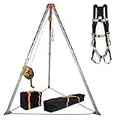 KSEIBI 423990 Aluminum Confined Space Tripod Kit Manhole Entry and Rescue Equipment Set with 65' Winch, Pulley, Carabiner, Fall Protection Safety Harness and Carrying Storage Bag
