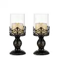 Sziqiqi Candelabros de Huracán Negro Angustiado Vintage 2 Piezas, Pedestal Metálico Versátil Base de Centro Floral de Vidrio para Fiesta Boda Decoración del Hogar Decoración de Chimenea 27cm