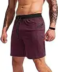 G Gradual Men's 7" Athletic Gym Shorts Quick Dry Workout Running Shorts with Zipper Pockets (Wine Medium)