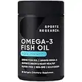 Sports Research Triple Strength Omega 3 Fish Oil - Burpless Fish Oil Supplement w/EPA & DHA Fatty Acids from Wild Alaskan Pollock - Heart, Brain & Immune Support for Men & Women - 1250 mg, 90 ct