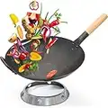 Flavemotion wok + anneau wok pour cuisinière à gaz, grill (36 cm, fond plat, précuit) wok martelé à la main en acier au carbone avec poignée en bois, y compris anneau wok pour le rangement