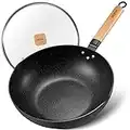 BEZIA Nonstick Wok with Lid, 30cm Wok Induction, Non Stick Wok Pan, Stir-Fry Wok with Flat Bottom, Removable Wooden Handle, Compatible All Stoves