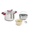 Tefal Olla a Presión Clipso Minut Perfect 6 L - Acero Inoxidable con Cinco Sistemas de Seguridad y Cierre Fácil Con Una Sola Mano con Cestillo Vapor Integrado, Multicolor, 22 cm