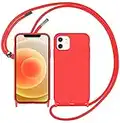 Loyhee Funda con Cuerda para iPhone 12 / iPhone 12 Pro, Líquida Silicona Carcasa con Cordón Ajustable Collar Correa de Cuello, Cubierta Prueba Golpes con Microfibra Forro - Rojo