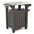 Keter Unity Portable 40 Gal Outdoor Table and Storage Cabinet w/Accessory Hooks, Stainless Steel Top for Patio Kitchen Island or Bar Cart, Dark Brown