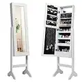 CASART LED Light Jewelry Cabinet, Full Length Mirror Makeup Armoire, Bedroom Dressing Room Floor Standing Cosmetics Organizer Unit Jewelry Armoires (White)