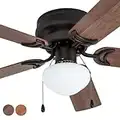 Prominence Home Alvina, 42 Inch Traditional Flush Mount Indoor LED Ceiling Fan with Light, Pull Chain, Dual Finish Blades, Reversible Motor - 50860-01 (Bronze)