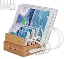 Yisen Wood Bamboo 5-Port USB Charging Station multi-function stand Organizer for iPhone, for iPad, Cell Phones, Tablets, E-readers, Power Banks (built-in USB charger, with UK plug power cord)