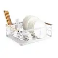 KisSealed Modern Wood Handle Dish Rack and Drain Board,Kitchen Plate Cup Dish Drying Rack Tray Cutlery Dish Drainer,16.5" x 12" x 5.5" ,white