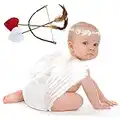 AMOR PRESENT Baby Angel Wings, 5PCS Newborn Photoshoot Clothes White Angel Feather Wing Baby Cupid Costume Set with Headband Bow Swords Photo Prop Outfit 0-18 Months