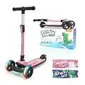 besrey Kinder Roller, Höhenverstellbarer Kinderscooter, Faltbarer Tretroller mit LED-Leuchträdern für Jungen & Mädchen von 2 bis 8 Jahren - Einhorn Rosa