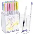 24 Color Ohuhu Watercolor Brush Markers, Mid-Tone Brush and Fine Tip Art Markers Perfect for Coloring Books, Calligraphy and Kids Art Projects, Drawing Marker Pen with Clear Storage Box