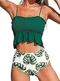 CUPSHE Women's High Waist Bikini Swimsuit Ruffle Smock Floral Print Two Piece Bathing Suit, M Green