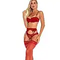 Bluewhalebaby Sexy Lingerie for Women Demis Push-up Lace Bras and Knicker Set with Suspender Garter Belt for Thigh High Stockings Red with Garter Belt 36B