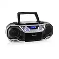 auna Roadie 2K Stereo Boombox, Radio mit DAB+ / UKW, CD-Player, CD-R/CD-RW/CD-MP3, Kassettenradio, tragbar, USB-Port, MP3 / WMA, Bluetooth 5.0, AUX-Eingang, Netz- und Batterie-Betrieb, Silber