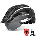 VICTGOAL Bike Helmet for Adult Men Women, Bicycle Helmet with Magnetic Goggles & Detachable Sun Visor & LED Rear Light, Mountain Bike Helmet for Cycling (L: 22.4-24 inch (57-61 cm), Black White)