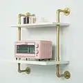 Gold,Industrial Retro Wall Mount Iron Pipe shelves,Microwave Oven Rack- Wall mounted Microwave Oven Shelf Stand,Storage Organizer For Kitchen,Oven,Toaster,Utensils,Spice,Mitts and more