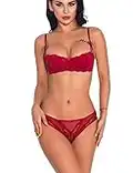 Bluewhalebaby Women's Underwire Push up Demi Balconette Bra and Knickers Set Lace Lingerie Sets Red 34B