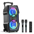 Karaoke Machine, Wireless Bluetooth PA System for Adults & Kids with Dual 8'' Subwoofers, 2 UHF Wireless Mics, Colorful LED Lights, Ideal for Home Karaoke, Party, Stage Performance (VS-0808)