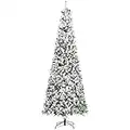 HOMCOM 9 FT Pencil Snow Flocked Artificial Christmas Tree with Pine Realistic Branches, Pine Cones, Red Berries, Auto Open, Green