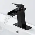 Solepearl Matte Black Waterfall Bathroom Faucet Wide Mouth Spout, Solid Brass Sink Vanity Faucets 1 or 3 Hole 4 Inch, Single Handle Basin Lavatory Modern Commercial Mixer Tap with Deck Mount Plate