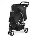 Wedyvko Pet Stroller, 3 Wheel Foldable Cat Dog Stroller with Storage Basket and Cup Holder for Small and Medium Cats, Dogs, Puppy (Black)