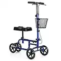 COSTWAY Steerable Knee Walker, Folding Kneeing Mobility Scooter with Removable Basket and Dual Brakes, Height Adjustable Crutch Alternative for Foot Injuries (Blue)