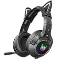 AJIJAR Gaming-Headset mit Mikrofon, Katzenohren Kopfhörer 3,5mm Kompatibel mit PC PS4 PS5 Xbox One (ohne Adapter) Smartphone, mit Surround-Sound, RGB, Geräuschunterdrückung, Schwarz