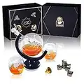 LiquorKnight Globe Whiskey Decanter Set/Hand-Blown Lead-Free Glass/Wooden Stand/Liquor Dispenser Bar Set with 2 Glass/Whiskey Stones & Funnel/Antique Glass Ship/Home Bar Accessory