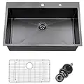 Doirteal 33 Inch Drop in Black Kitchen Sink, 33 X 22 X 10 Inch 16 Gauge Matte Black Stainless Steel Topmount Kitchen Sinks with Bottom Grid BL10S