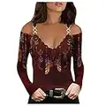 Vetement Femme Grande Taille Pas Cher Manche Longue T-Shirt Sexy Col V éPaules DéNudéEs Impression Débardeur Décontractée Ample Haut Mode été Blouse Top Chic Et Elegant