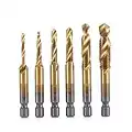 YUET 6pcs HSS Tap Drill Bit Set - 2-in-1 Combination Drills and Taps - M3-M10 Titanium Coated HSS Metric - Quick Change 1/4" Hex Shank Screw Taps Tool Set