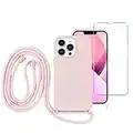 Yohii Funda con Cuerda para iPhone 13 Pro 6.1" con 1 Piezas Cristal Templado, TPU Silicona Protección Case Antideslizante rasguña Resistente con Ajustable Correa de Cuello Cadena Cordón, Rosado