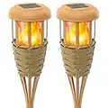 Evelynsun Flickering Flames Solar Powered Lights - Upgraded Solar Torches Waterproof Outdoor Decorative Lighting Auto On/Off, Handmade Bamboo Finish, 2-Pack