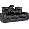 Valencia Tuscany Console Home Theater Seating | Premium Top Grain Nappa Leather, Power Headrest, Power Lumbar Support, with Center Console (Row of 3, Black)