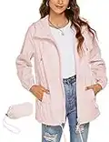 Rapbin Lightweight Rain Jacket Women Waterproof Breathable Spring Summer Jackets Camping Running Raincoat Windbreaker(Pink,M)