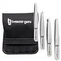 Pinzas de Depilar Profesionales Tweezer Guru Para Cejas (Set de 4) – Pinza Punta Acero Inoxidable – Gran Precisión para Pelos Faciales, Pelos Encarnados, Espinillas y Astillas (Plata)