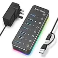 RGB Powered USB 3.0/USB C Hub RSHTECH 7-Port USB 3.0 Data Hub Splitter with 14 RGB Lighting Modes, 20W Power Adapter, USB A/USB C Cable and Individual On/Off Switches. (RSH-518R)