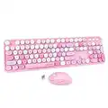 UBOTIE Colorful Computer Wireless Keyboard Mice Combo, Retro Typewriter Flexible Keys Office Full-Sized Keyboard, 2.4GHz Dropout-Free Connection and Optical Mouse (Pink-Colorful)