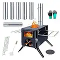 Fitinhot Camp Wood Stove, Tent Wood Burning Stoves Portable with Chimney Pipes, Upgraded Titanium Surface Camping Stove, Heat Resistant Glass & Gloves for Outdoor (Black)