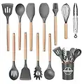 Utensilios Cocina de Silicona Comfook Set de 12 Juego de utensilios de cocina de silicona Antiadherente con Mango de Madera para Utensilios,resistente al calor,sin BPA, antiarañazos,gris claro