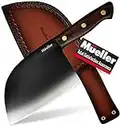 Mueller UltraForged Professional Meat Cleaver Knife 7" Handmade High-Carbon Clad Steel Serbian Chef Knife with Leather Sheath, Full Tang Pakkawood Handle, Multi-functional for Kitchen, Camping, BBQ