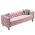 Dolonm Modern Velvet Sofa for Living Room, 84 Inches Long Tufted Couch Upholstered Sofa with 2 Pillows High Arm and Metal Legs Decor Furniture for Bedroom, Office (Pink)